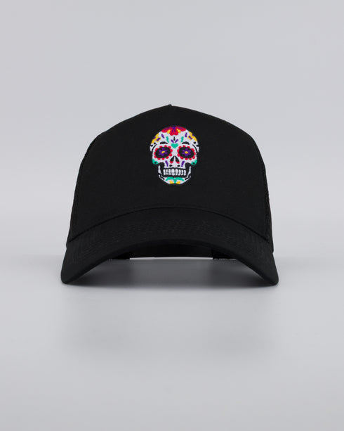 Day of the Dead Skull Embroidered Trucker Cap - Black