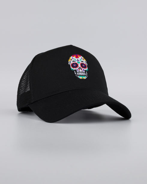 Day of the Dead Skull Embroidered Trucker Cap - Black