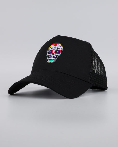 Day of the Dead Skull Embroidered Trucker Cap - Black