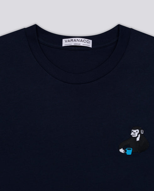 Monkey Drinking Tea Embroidered Classic Organic T-Shirt